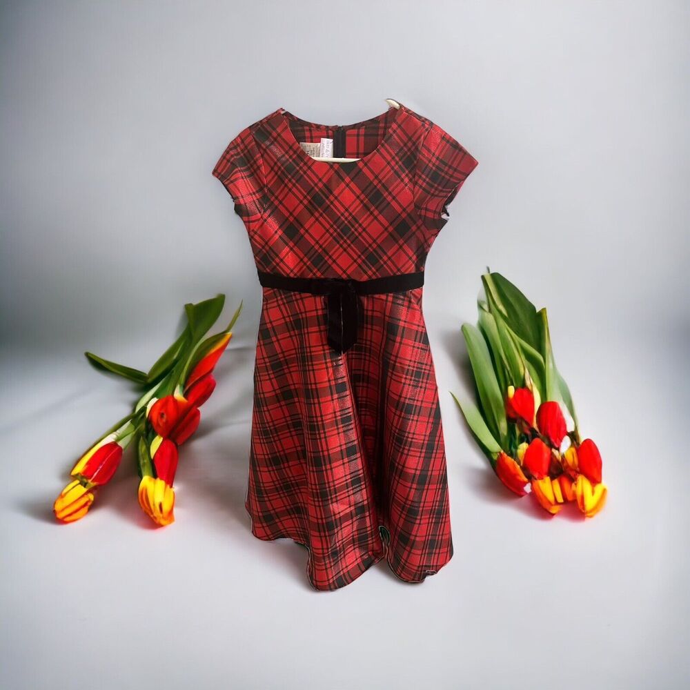 Girls Red & Black Plaid Dress Size 14 Iris & Ivy Short Sleeve Holiday Christmas